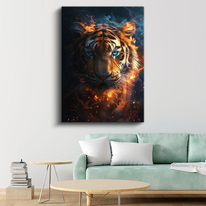 Ateş Kaplanı - Alev Efektli Mavi Gözlü Yırtıcı Kanvas Tablo
