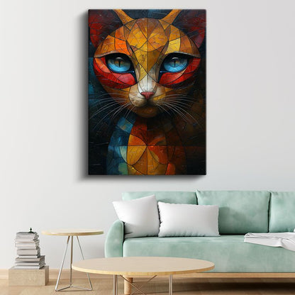 Vitray Kedi - Geometrik Desenlerde Renkli Bakışlar Kanvas Tablo