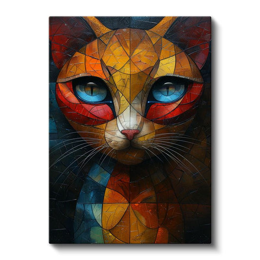 Vitray Kedi - Geometrik Desenlerde Renkli Bakışlar Kanvas Tablo