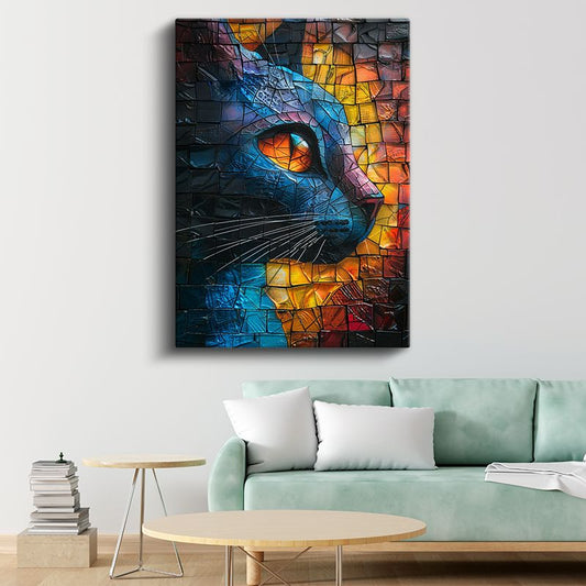 Mozaik Kedi - Renkli Cam Parçalarında Keskin Bakış Kanvas Tablo