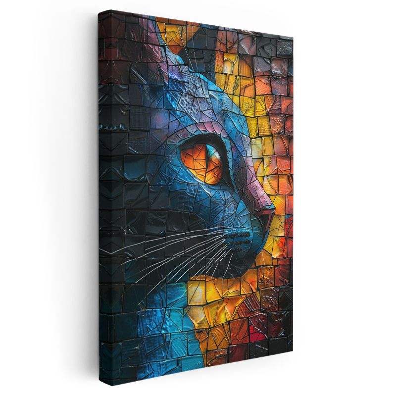 Mozaik Kedi - Renkli Cam Parçalarında Keskin Bakış Kanvas Tablo