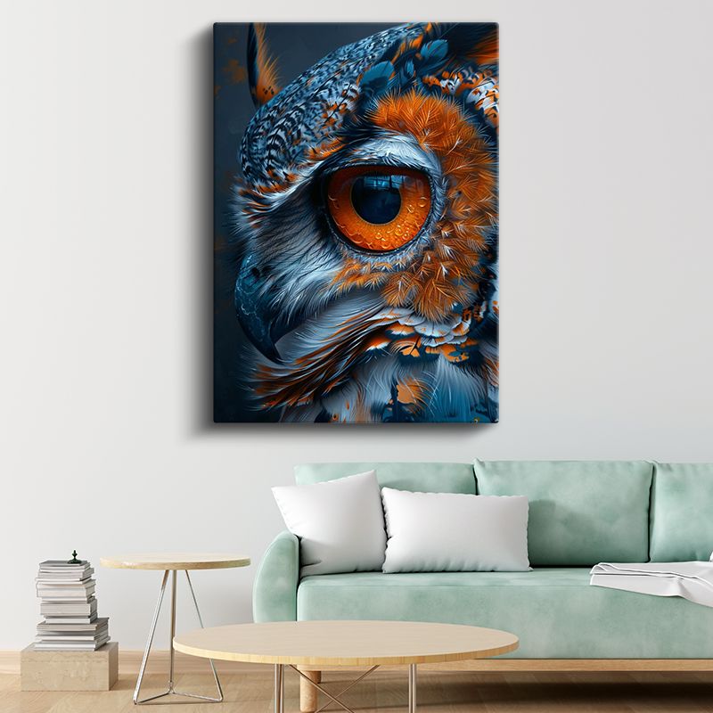 Baykuş Gözü - Mavi Turuncu Tüylerde Keskin Bakış Kanvas Tablo