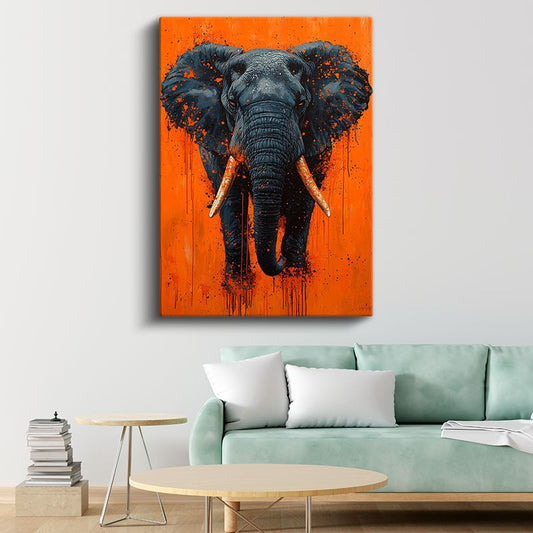 Modern Fil - Turuncu Zeminde Sıçrama Efektli Portre Kanvas Tablo