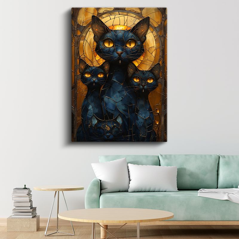 Vitray Kediler - Sarı Gözlü Siyah Üçlü Kanvas Tablo
