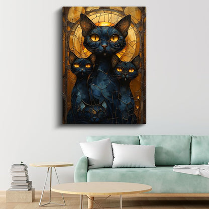 Vitray Kediler - Sarı Gözlü Siyah Üçlü Kanvas Tablo