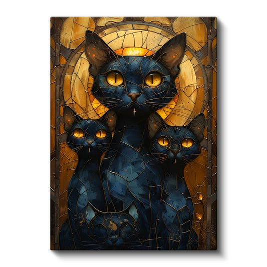 Vitray Kediler - Sarı Gözlü Siyah Üçlü Kanvas Tablo