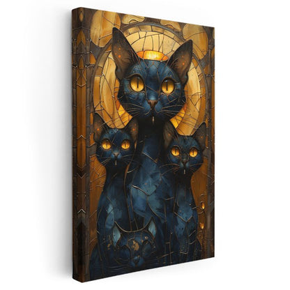 Vitray Kediler - Sarı Gözlü Siyah Üçlü Kanvas Tablo