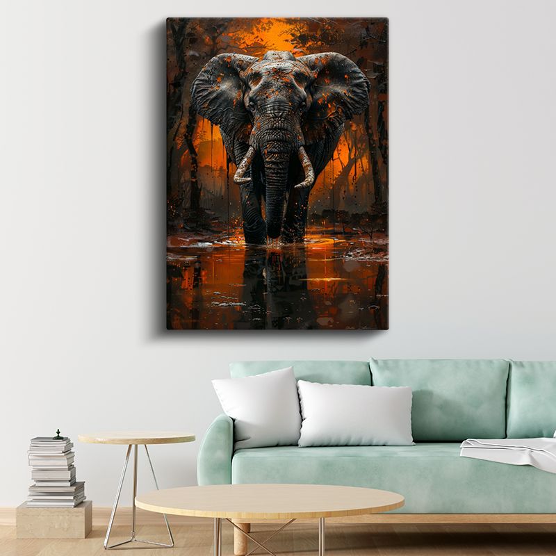 Alev Fil - Turuncu Sularda Yürüyen Heybetli Memeli Kanvas Tablo