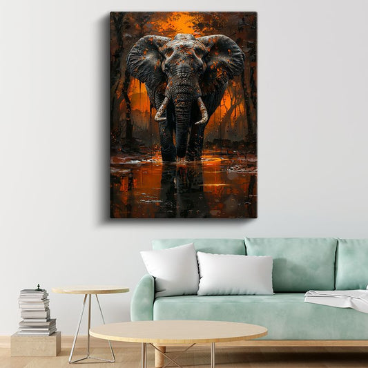 Alev Fil - Turuncu Sularda Yürüyen Heybetli Memeli Kanvas Tablo