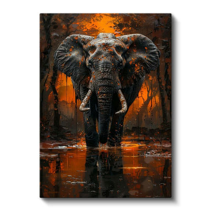Alev Fil - Turuncu Sularda Yürüyen Heybetli Memeli Kanvas Tablo