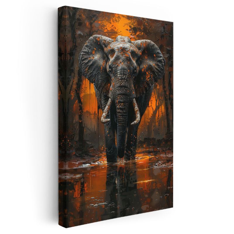 Alev Fil - Turuncu Sularda Yürüyen Heybetli Memeli Kanvas Tablo
