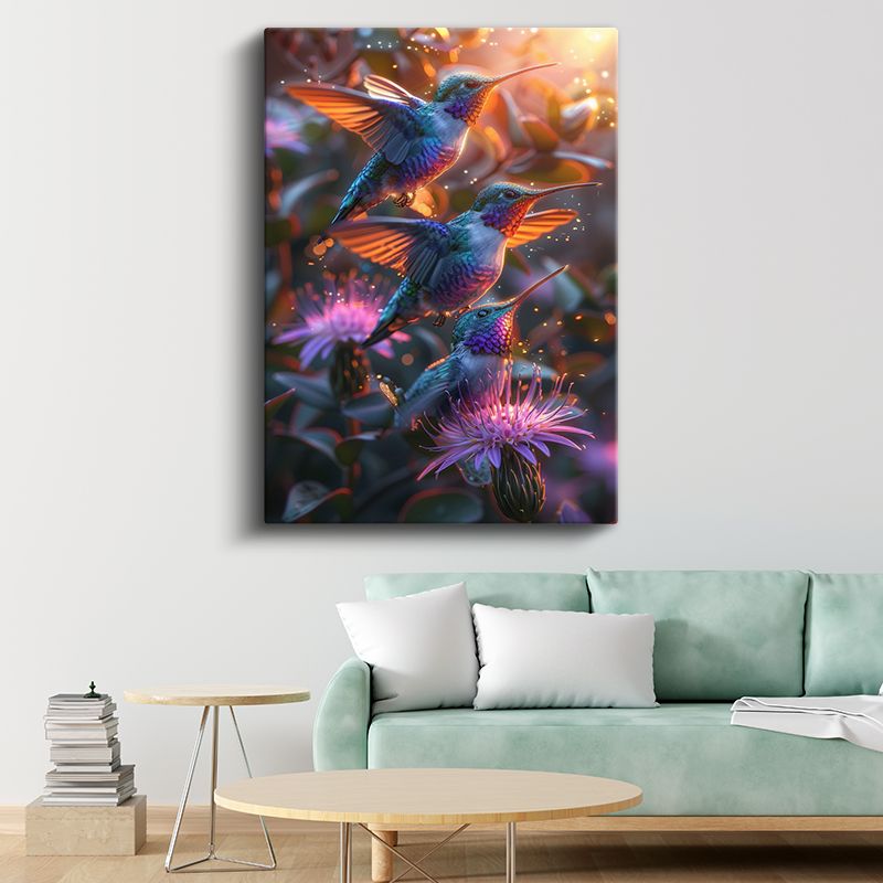 Sinek Kuşları - Çiçekler Arasında Renkli Kanatlar Kanvas Tablo