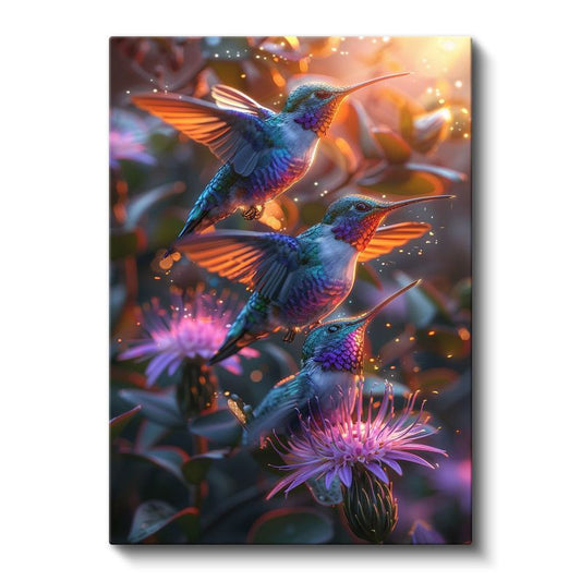 Sinek Kuşları - Çiçekler Arasında Renkli Kanatlar Kanvas Tablo