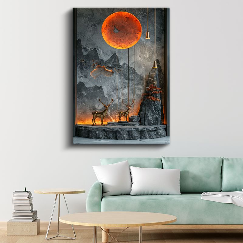 Ay Işığı Geyikleri - Turuncu Gökyüzü Altında İkili Kanvas Tablo