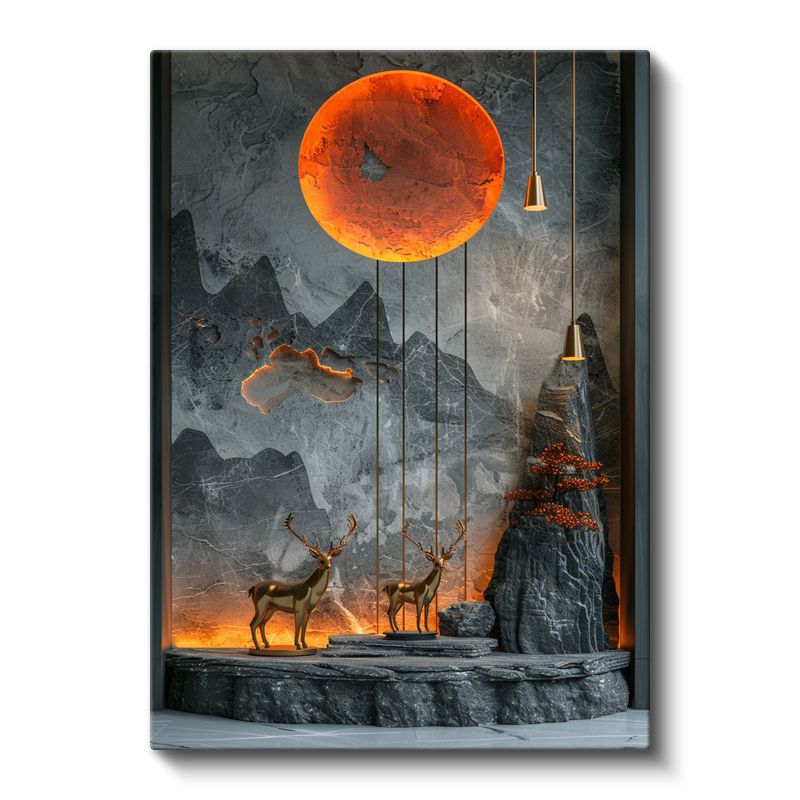 Ay Işığı Geyikleri - Turuncu Gökyüzü Altında İkili Kanvas Tablo