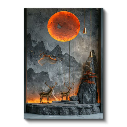 Ay Işığı Geyikleri - Turuncu Gökyüzü Altında İkili Kanvas Tablo