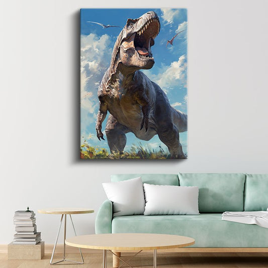 Dinozor Portresi - Gökyüzünde Keskin Dişli Avcı Kanvas Tablo