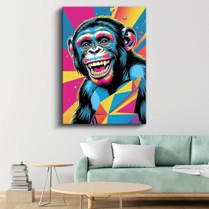 Pop Art Şempanze - Renkli Geometrik Desenli Gülümseme Kanas Tablo