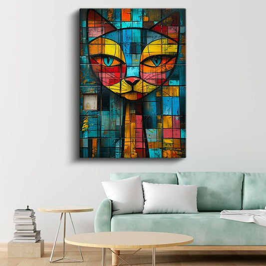 Mozaik Kedi - Renkli Geometrik Desenli Portre Kanvas Tablo