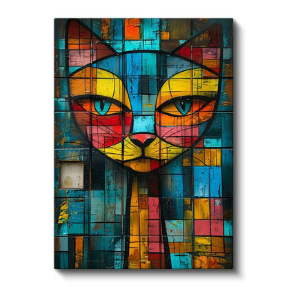 Mozaik Kedi - Renkli Geometrik Desenli Portre Kanvas Tablo