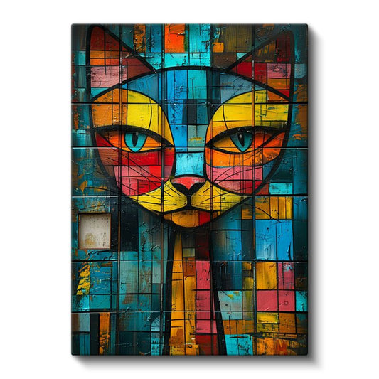 Mozaik Kedi - Renkli Geometrik Desenli Portre Kanvas Tablo