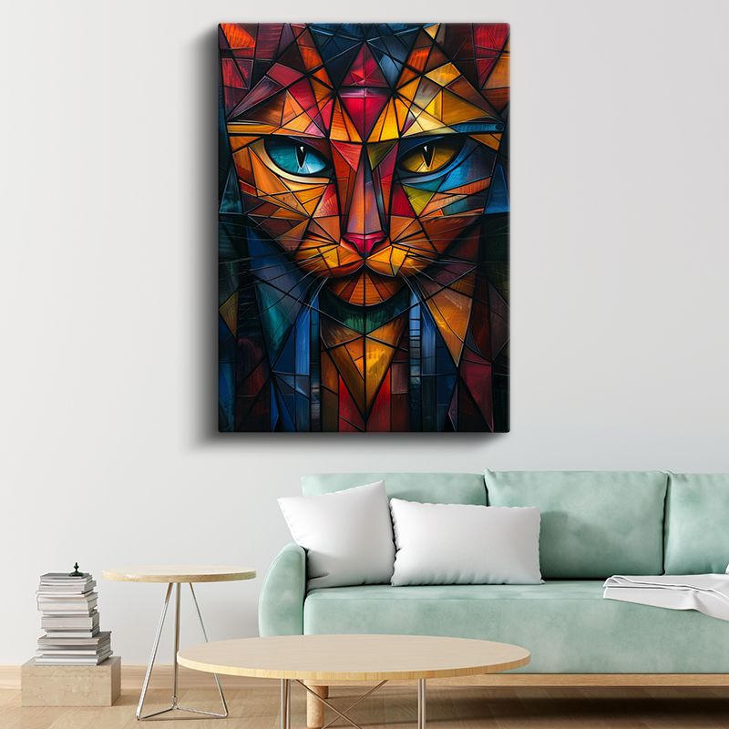 Geometrik Kedi - Üçgen Desenlerde Çift Gözlü Bakış Kanvas Tablo