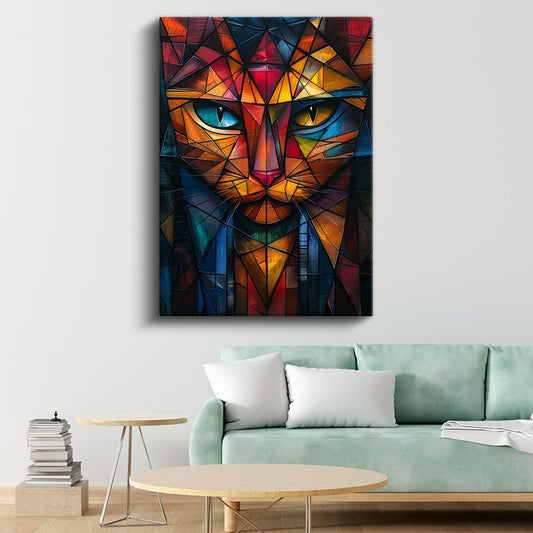 Geometrik Kedi - Üçgen Desenlerde Çift Gözlü Bakış Kanvas Tablo