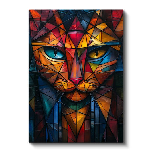 Geometrik Kedi - Üçgen Desenlerde Çift Gözlü Bakış Kanvas Tablo