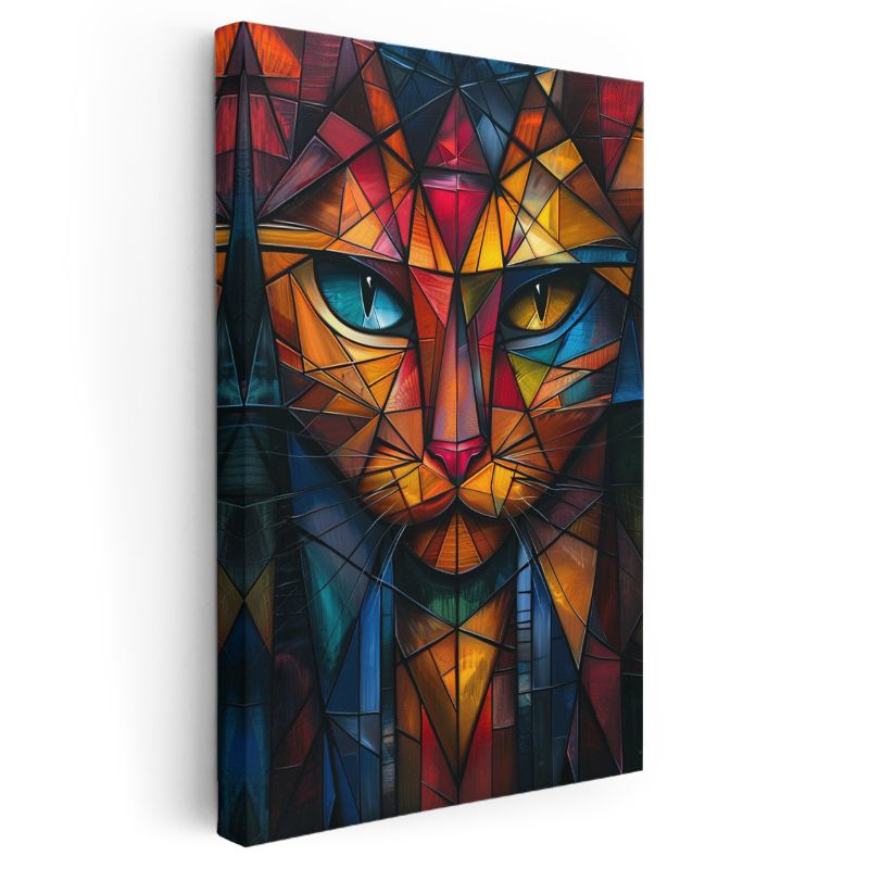 Geometrik Kedi - Üçgen Desenlerde Çift Gözlü Bakış Kanvas Tablo