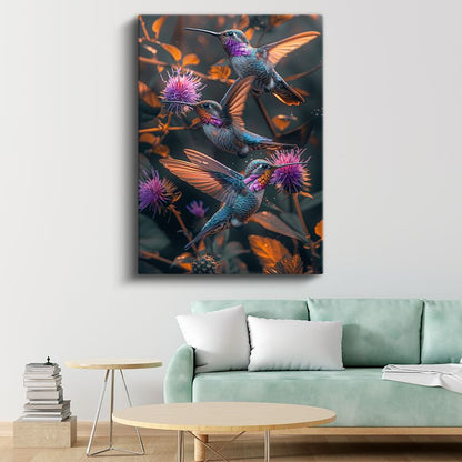 Sinek Kuşları - Mor Çiçekler Arasında Renkli Kanatlar Kanvas Tablo