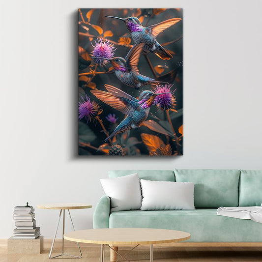 Sinek Kuşları - Mor Çiçekler Arasında Renkli Kanatlar Kanvas Tablo