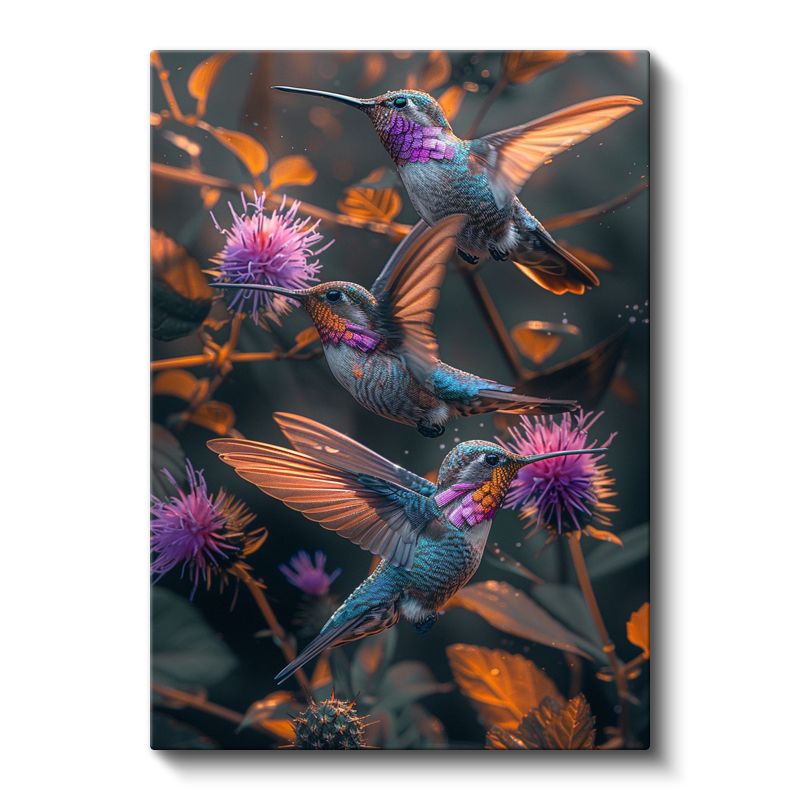 Sinek Kuşları - Mor Çiçekler Arasında Renkli Kanatlar Kanvas Tablo