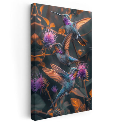 Sinek Kuşları - Mor Çiçekler Arasında Renkli Kanatlar Kanvas Tablo