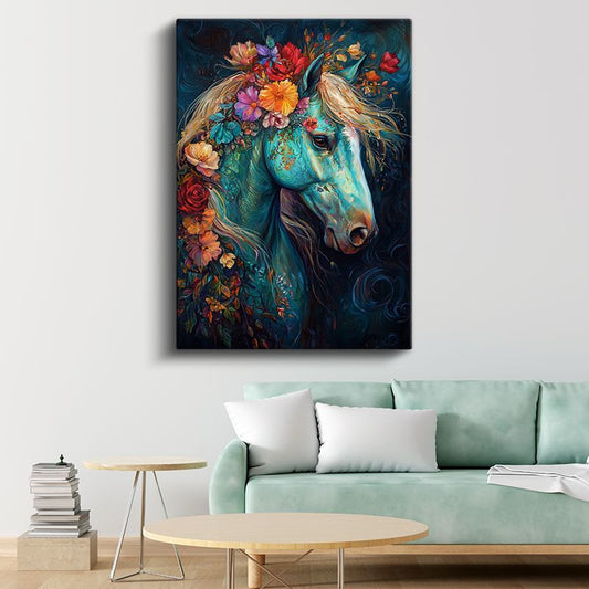 Çiçekli At - Mavi Zeminde Renkli Çiçeklerle Süslü Portre Kanvas Tablo