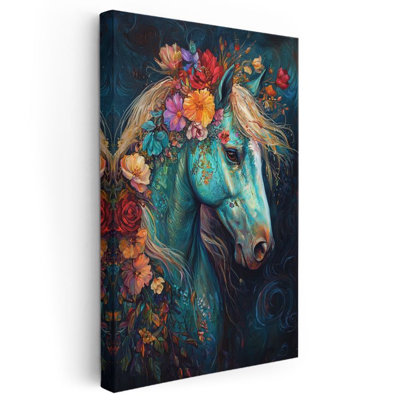 Çiçekli At - Mavi Zeminde Renkli Çiçeklerle Süslü Portre Kanvas Tablo