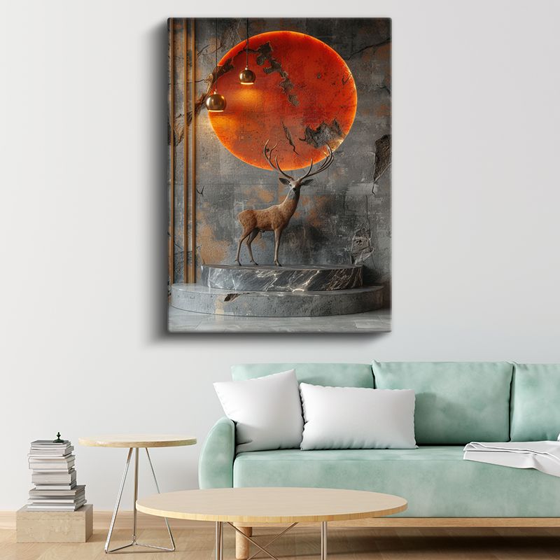 Kızıl Geyik - Turuncu Ay Işığında Asil Duruş Kanvas Tablo