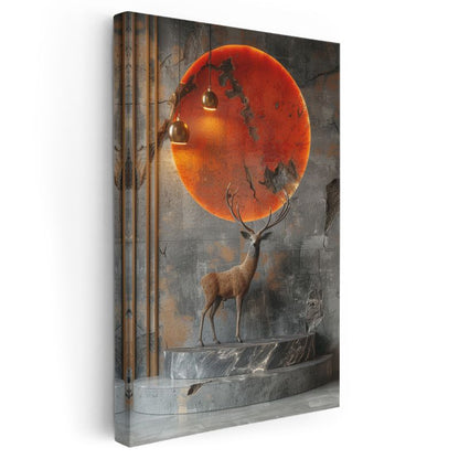 Kızıl Geyik - Turuncu Ay Işığında Asil Duruş Kanvas Tablo