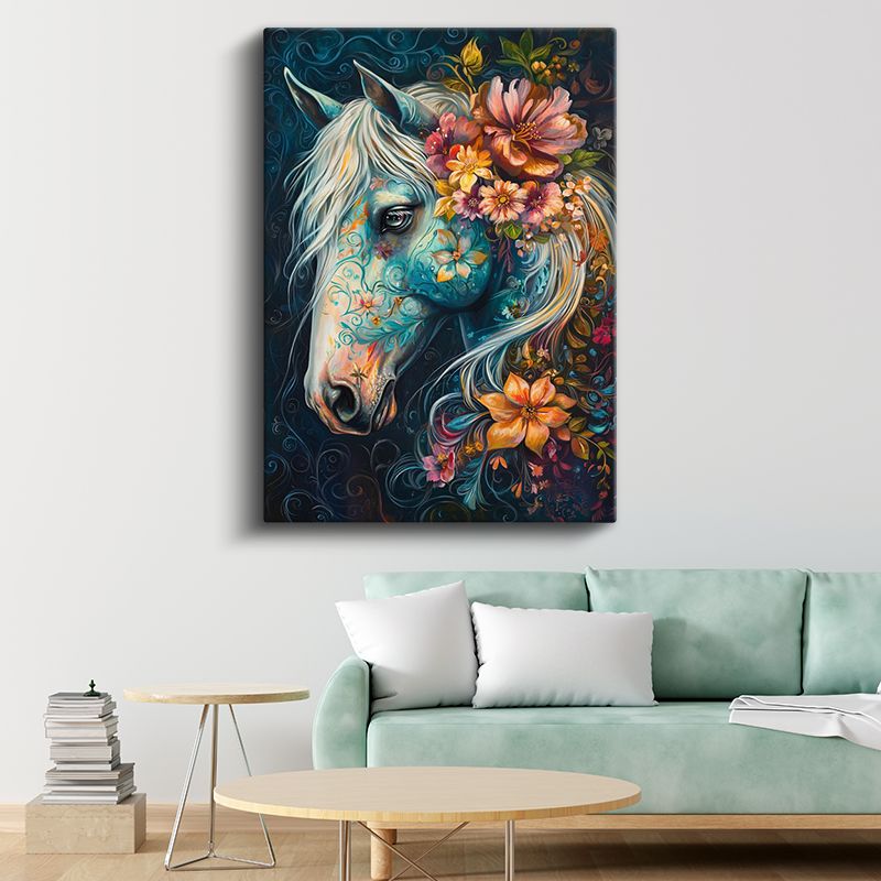 Çiçekli At - Turkuaz Zeminde Çiçek Desenli Profil Kanvas Tablo