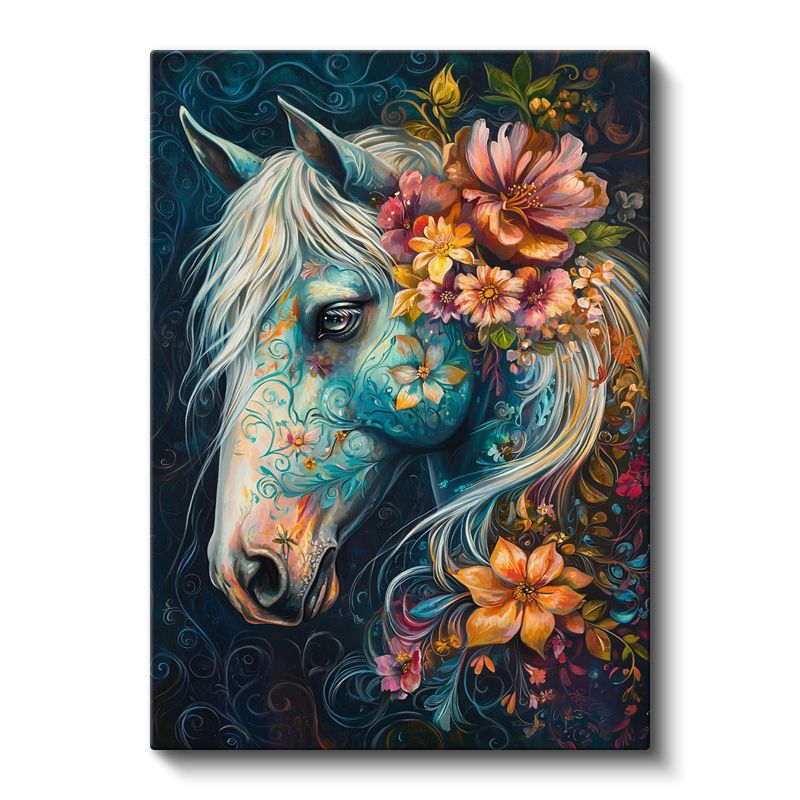 Çiçekli At - Turkuaz Zeminde Çiçek Desenli Profil Kanvas Tablo