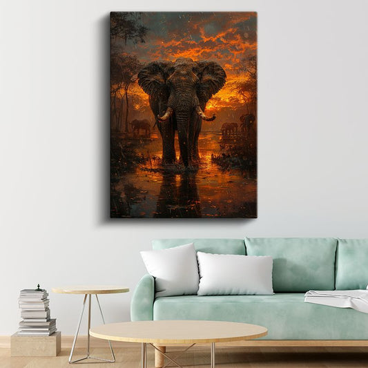 Gün Batımı Fil - Turuncu Gökyüzü Altında Suda Yürüyüş Kanvas Tablo