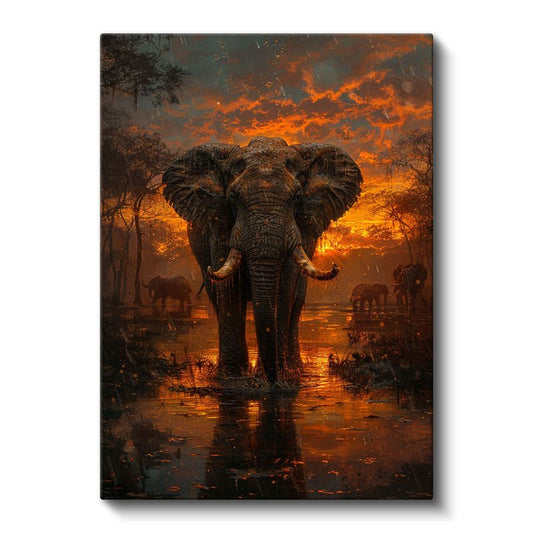 Gün Batımı Fil - Turuncu Gökyüzü Altında Suda Yürüyüş Kanvas Tablo