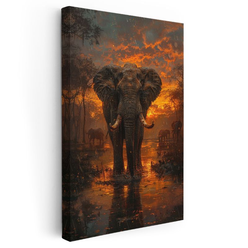 Gün Batımı Fil - Turuncu Gökyüzü Altında Suda Yürüyüş Kanvas Tablo
