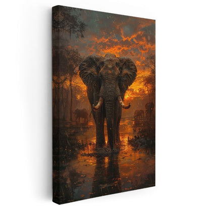 Gün Batımı Fil - Turuncu Gökyüzü Altında Suda Yürüyüş Kanvas Tablo