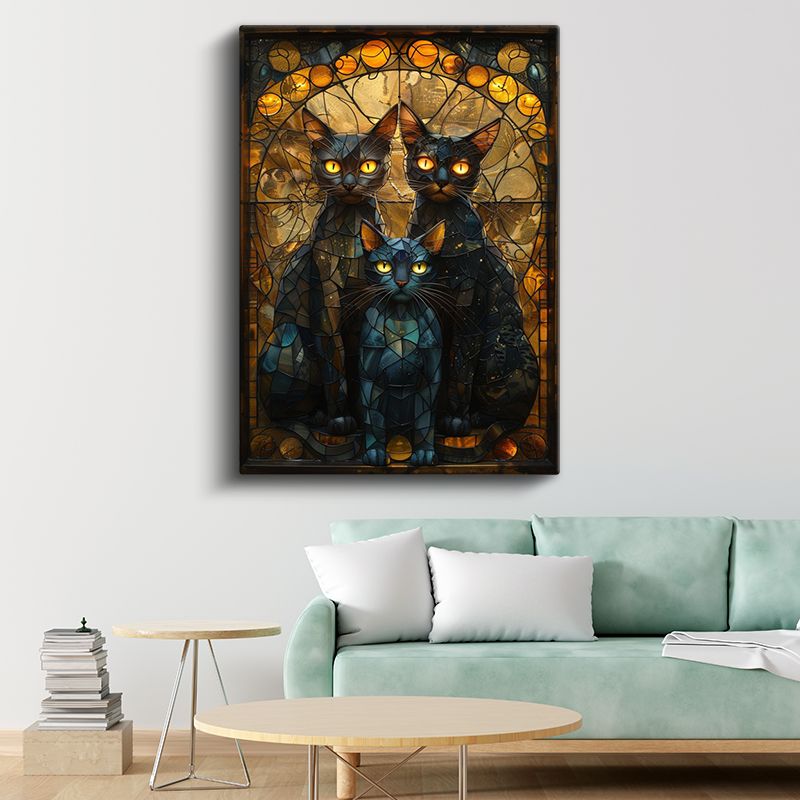 Mistik Kediler Üçlüsü - Vitray Tarzında Parlak Gözlü Siyah Kediler Kanvas Tablo