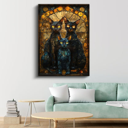 Mistik Kediler Üçlüsü - Vitray Tarzında Parlak Gözlü Siyah Kediler Kanvas Tablo