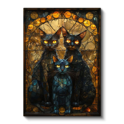 Mistik Kediler Üçlüsü - Vitray Tarzında Parlak Gözlü Siyah Kediler Kanvas Tablo