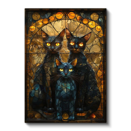 Mistik Kediler Üçlüsü - Vitray Tarzında Parlak Gözlü Siyah Kediler Kanvas Tablo