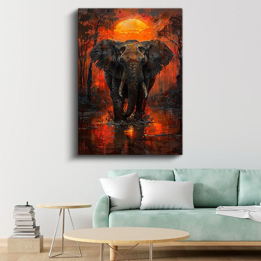 Alev Tonlarında Fil - Heybetli Afrika Kralının Dramatik Portresi Kanvas Tablo