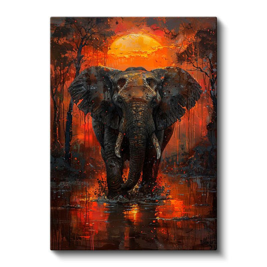Alev Tonlarında Fil - Heybetli Afrika Kralının Dramatik Portresi Kanvas Tablo
