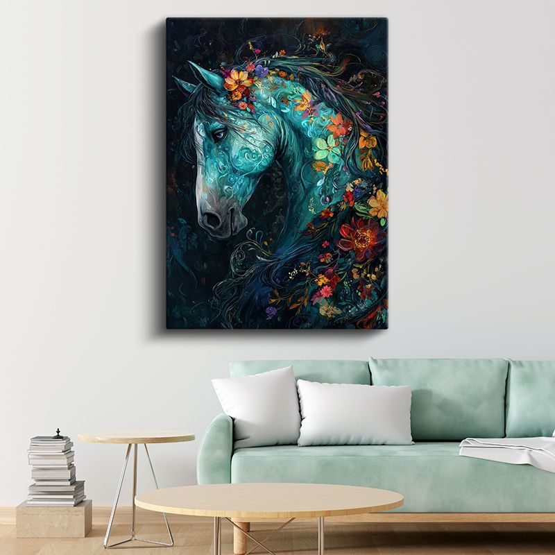 Çiçekli Turkuaz At - Fantastik Düşlerin Büyülü Atı Kanvas Tablo